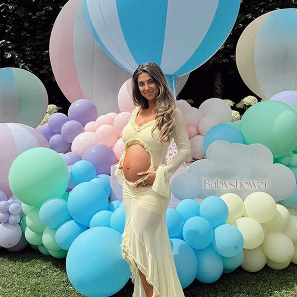 Momsmood Yellow Ruched Ruffle Falbala Cut Out Crop Slit Mermaid Elegant Sheer Maternity Photoshoot Maxi Dress
