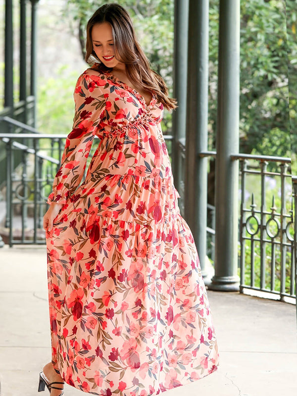 Momsmood Pink Floral Ruffle Falbala Big Swing V-neck Lantern Sleeve Elegant Boho Maternity Photoshoot Maxi Dress