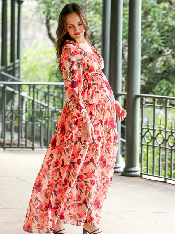 Momsmood Pink Floral Ruffle Falbala Big Swing V-neck Lantern Sleeve Elegant Boho Maternity Photoshoot Maxi Dress