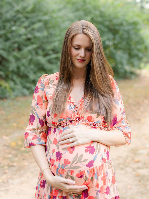 Momsmood Pink Floral Ruffle Falbala Big Swing V-neck Lantern Sleeve Elegant Boho Maternity Photoshoot Maxi Dress