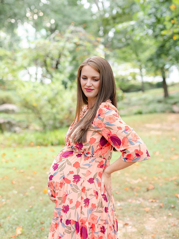 Momsmood Pink Floral Ruffle Falbala Big Swing V-neck Lantern Sleeve Elegant Boho Maternity Photoshoot Maxi Dress