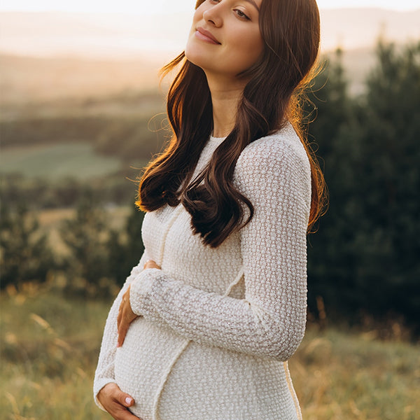 Momsmood Cream Knitted Hollow Out Round Neck Long Sleeve Bodycon Elegant Maternity Photoshoot Maxi Dress