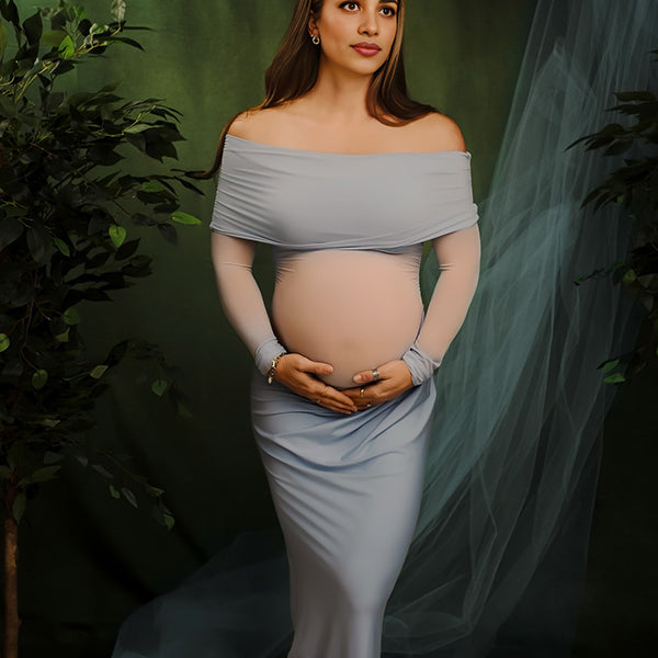 Momsmood Blue Mesh Patchwork Off Shoulder Ruched Sheer Badycon Elegant Maternity Photoshoot Baby Shower Maxi Dress