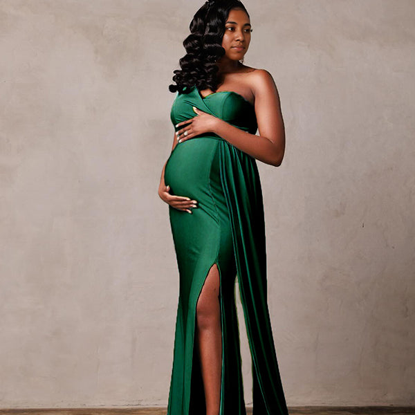 Momsmood Green Satin One Shoulder Side Slit Draped Mermaid Elegant Evening Gown Maternity Photoshoot Maxi Dress