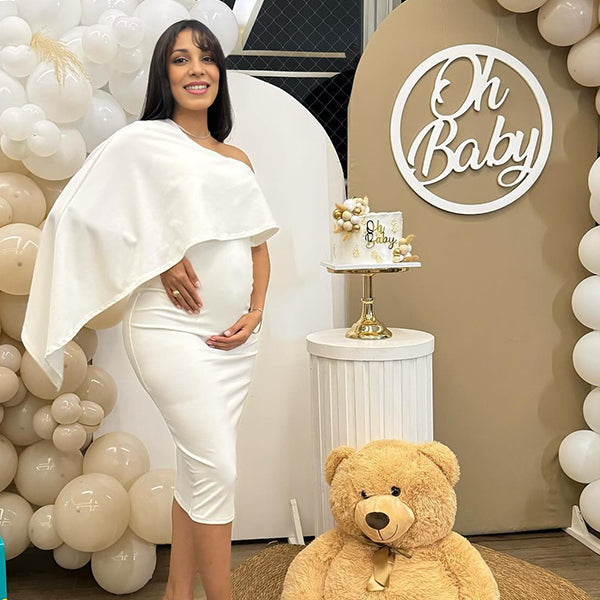 Momsmood White One Shoulder Ruffle Falbala Cape Sleeve Bodycon Elegant Maternity Baby Shower Midi Dress