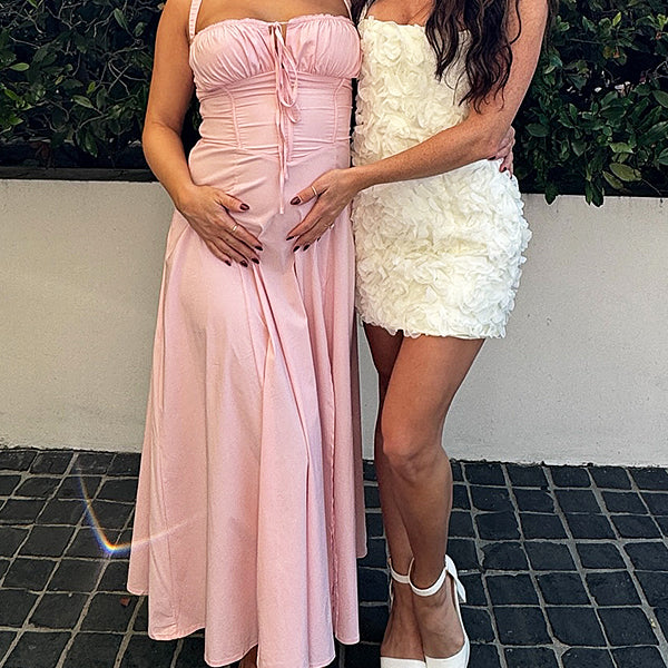 Momsmood Pink Crost Tie A-line Slit Elegant Cute Gender Reveal Baby Shower Maternity Maxi Dress