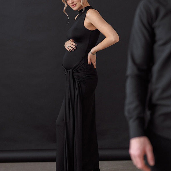 Momsmood Black Twist Draped Band Neck Bodycon Elegant Photoshoot Baby Shower Maternity Maxi Dress