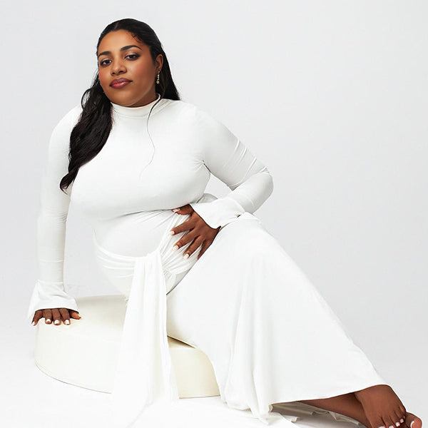 Momsmood White Twist Draped Flare Sleeve Band Neck Bodycon Photoshoot Baby Shower Maternity Maxi Dress