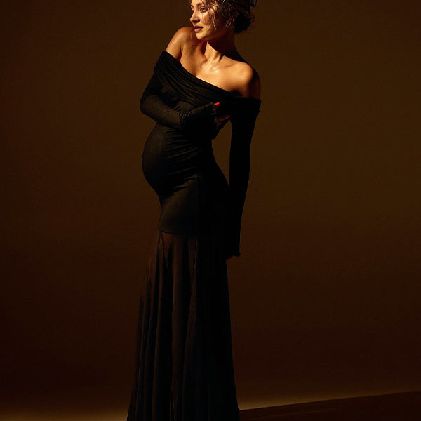 Momsmood Black Off Shoulder Grenadine Splicing Sheer Flare Sleeve Elegant Photoshoot Maternity Maxi Dress