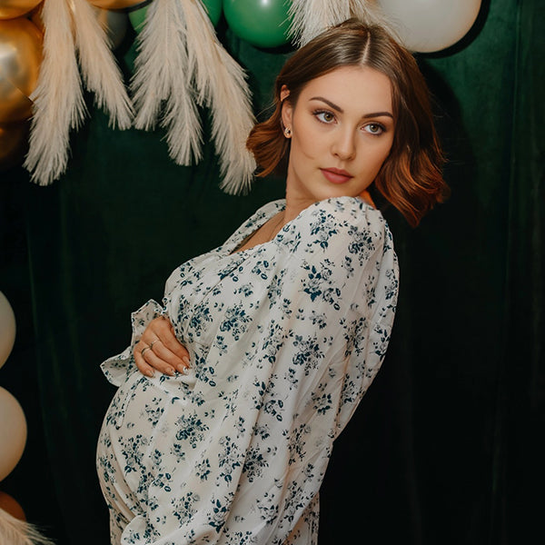 Momsmood White And Blue Flowers Side Slit Cross Lace Up Lantern Sleeve Gendeer Reveal Baby Boy Shower Maternity Maxi Dress