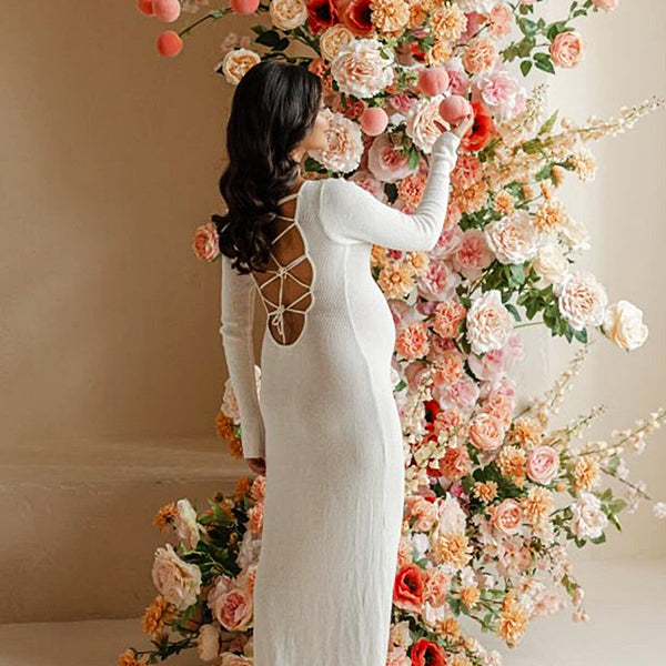 Momsmood White Backless Lace Up Bodycon Elegant Photoshoot Baby Shower Maternity Maxi Dress