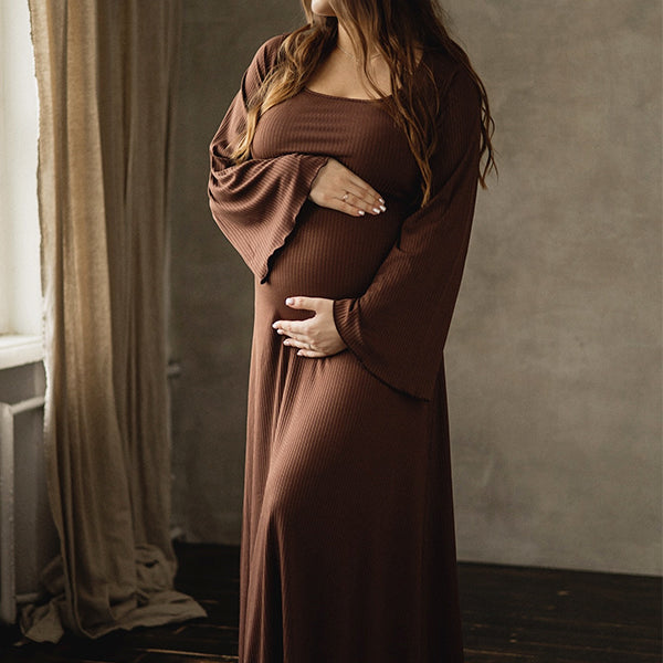 Momsmood Brown Solid Color U-Neck Flare Sleeve Photoshoot Baby Shower Maternity Maxi Dress