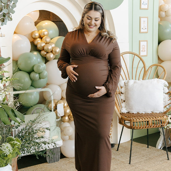 Momsmood Coffee V-neck Ruched Lantern Sleeve Bodyocn Photoshoot Baby Shower Maternity Maxi Dress