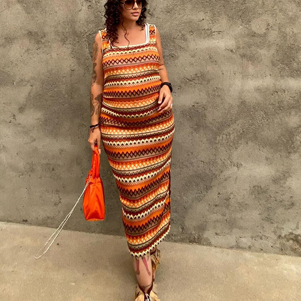 Momsmood Tan Print Side Slit Boho U-neck Bodycon Vacation Daily Maternity Maxi Dress