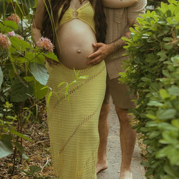Momsmood Yellow Cut Out Halter Neck Backless Lace Up Bodycon Vacation Photoshoot Maternity Maxi Dress