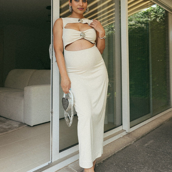 Momsmood Beige Cut Out Buttons Back Zipper Bodycon Vacation Baby Shower Maternity Maxi Dress