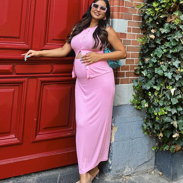 Momsmood 2-in-1 Knit Solid Color Buttons Bodycon Vacation Baby Shower Maternity Maxi Dress