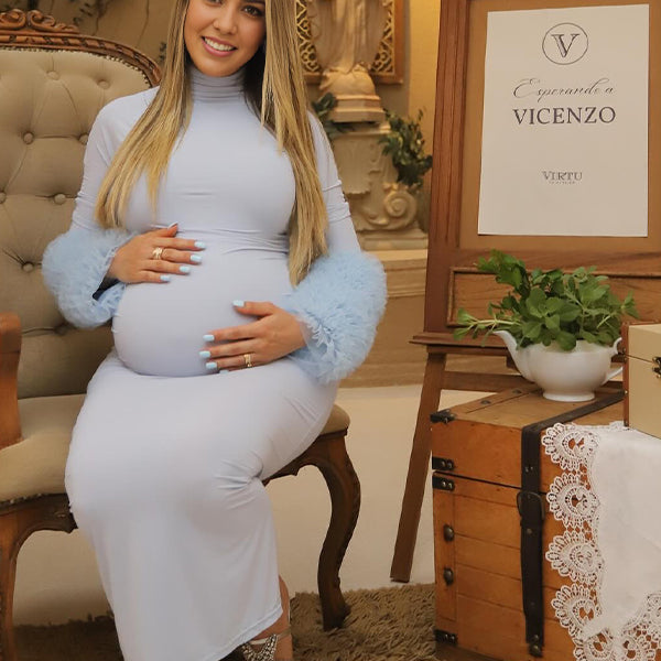 Momsmood Light Blue Case Grenadine Band Neck Bodycon Gender Reveal Baby Shower Maternity Maxi Dress