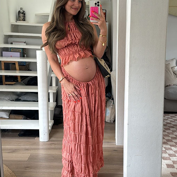 Momsmood Lotus Pink 2-in-1 Smocked Halter Neck Backless Vacation Boho Photoshoot Baby Shower Maternity Maxi Dress