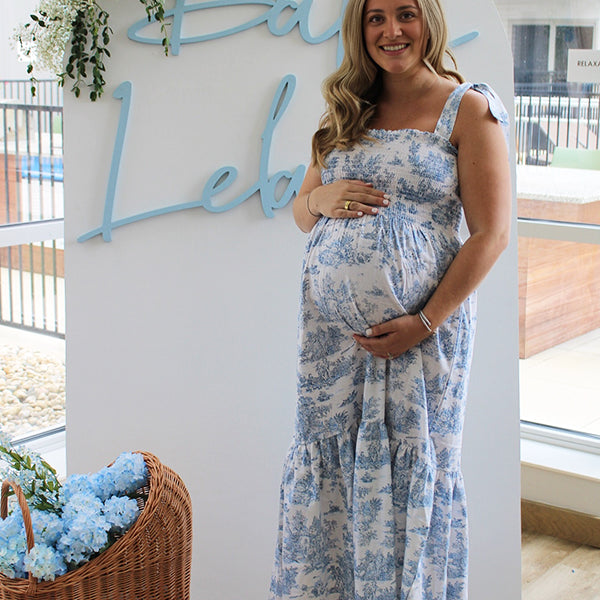 Momsmood Floral Print Smocked Bow Boho Flowy Photoshoot Gender Reveal Baby Shower Maternity Maxi Dress