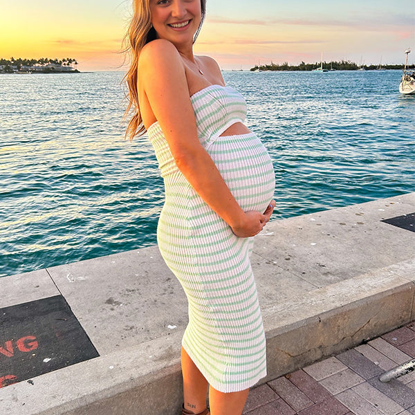 Momsmood Bandeau Striped Cut Out Knit Bodycon Vacation Photoshoot Baby Shower Maternity Maxi Dress