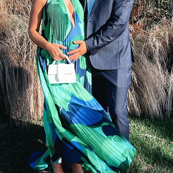 Momsmood Pleated Halter Neck Deep V-neck Print Backless Irregular Swing Maternity Maxi Dress