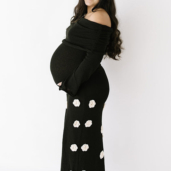 Momsmood 3D Flowers Off Shouler Ruched Photoshoot Baby Shower Maternity Maxi Dress