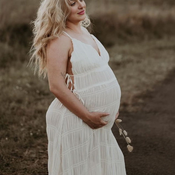 Momsmood Smocked Tie Grenadine V-neck Boho Photoshoot Maternity Maxi Dress