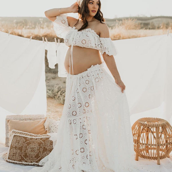 Momsmood 2-in-1 Lace Cut Out Ruffle Front Slit Off Shoulder Flowy Boho Photoshoot Maternity Maxi Dress