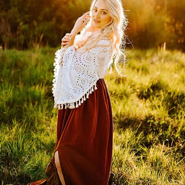 Momsmood Cut Out Tassel Ruffle Front Slit Big Swing Flowy Boho Photoshoot Maternity Maxi Dress