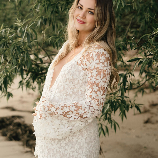 Momsmood Lace Cut Out Flare Sleeve Sheer Photoshoot Maternity Maxi Dress