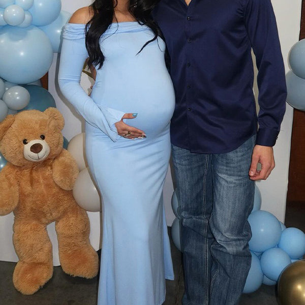 Momsmood Off Shoulder Backless Gender Reveal Baby Shower Maternity Maxi Dress