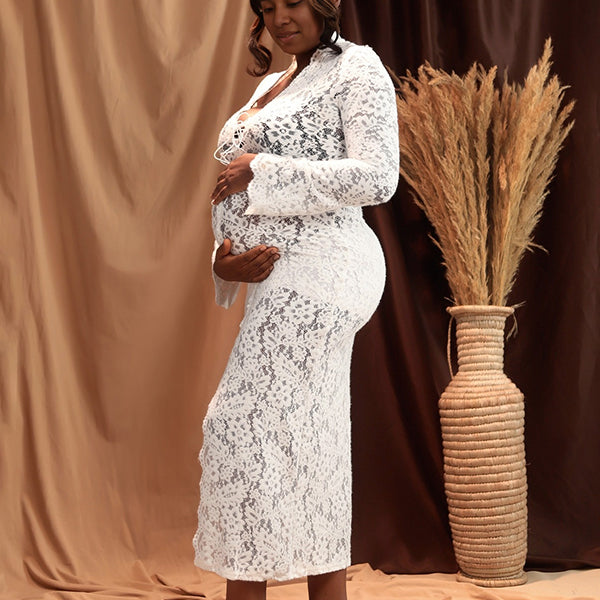 Momsmood Lace Ruffle Front Slit Tie Flare Sleeve Photoshoot Maternity Maxi Dress