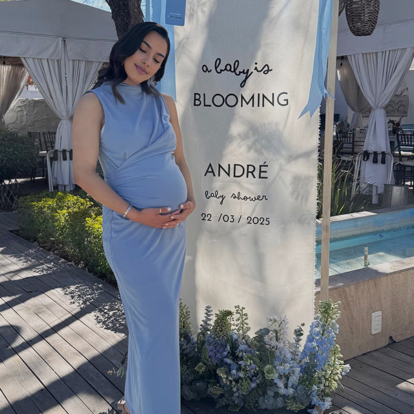 Momsmood Cross Ruched Back Zipper Gender Reveal Baby Boy Shower Maternity Maxi Dress