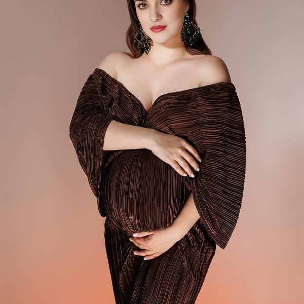 Momsmood Pleated Off Shoulder Dolman Sleeve Photoshoot Maternity Maxi Dress