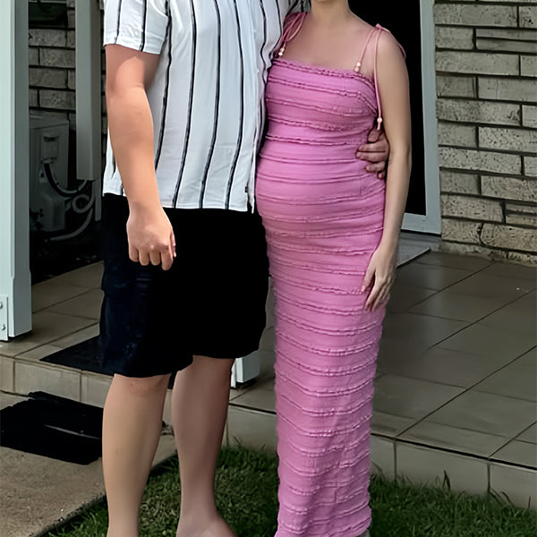 Momsmood Cake Ruffle Smocked Cami Gender Reveal Baby Girl Shower Maternity Maxi Dress
