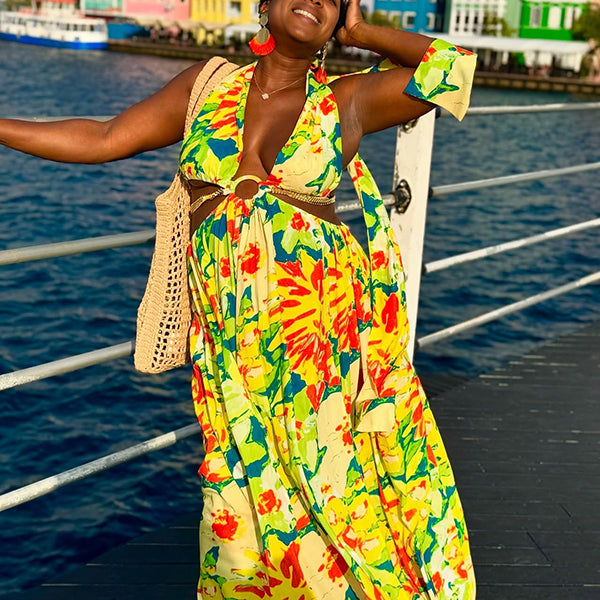 Momsmood Tropical Floral Cut Out Side Slit Halter Neck Back Tie Vacation Maternity Maxi Dress