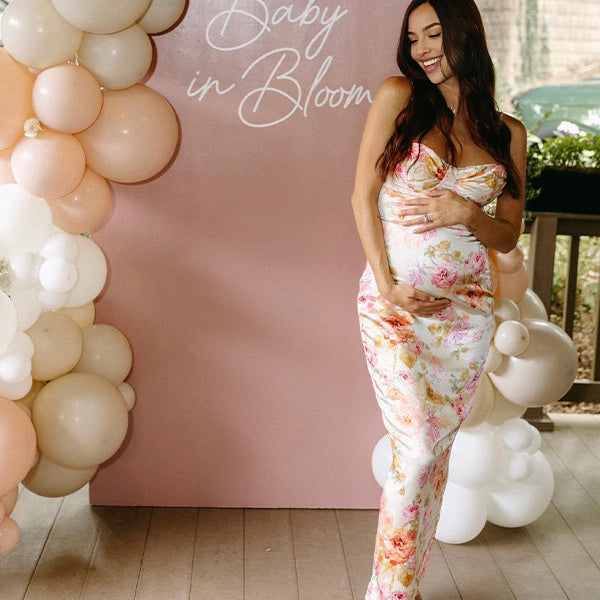 Beige Floral Back Slit Backless Baby Shower Maternity Maxi Dress