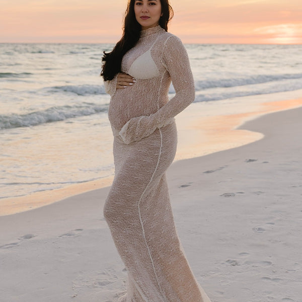 Momsmood 2-in-1 Lace Ruffle Irregular Sheer Photoshoot Maternity Maxi Dress