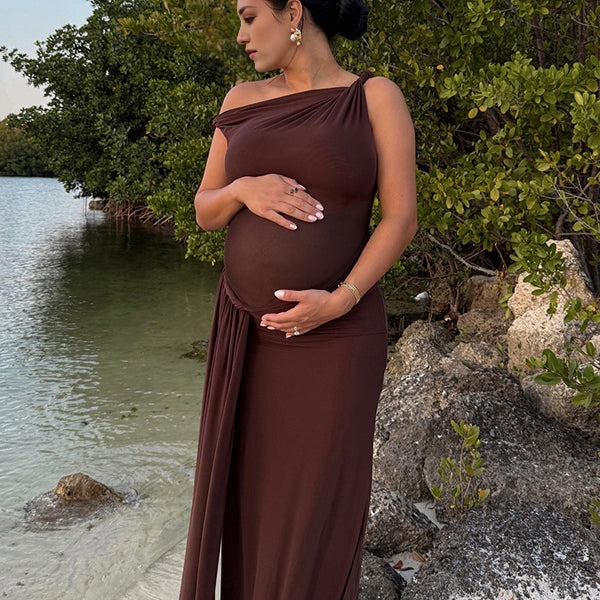 Momsmood One Shoulder Draped Big Swing Photoshoot Baby Shower Maternity Maxi Dress