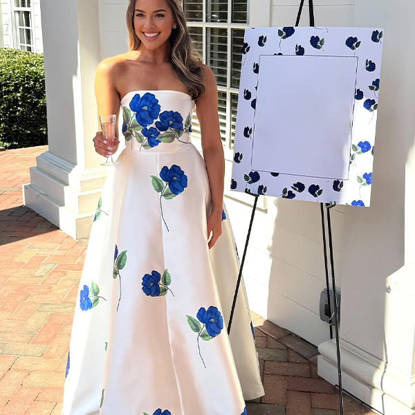 Momsmood Floral Bandeau Silk Big Swing Gender Reveal Baby Boy Shower Maternity Maxi Dress