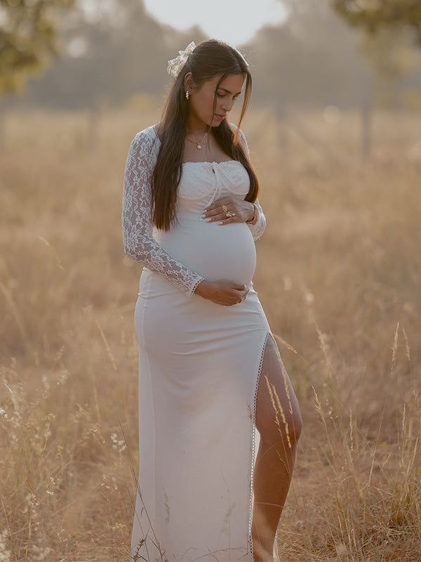 Momsmood Lace Side Slit Backless Tie Photoshoot Maternity Maxi Dress