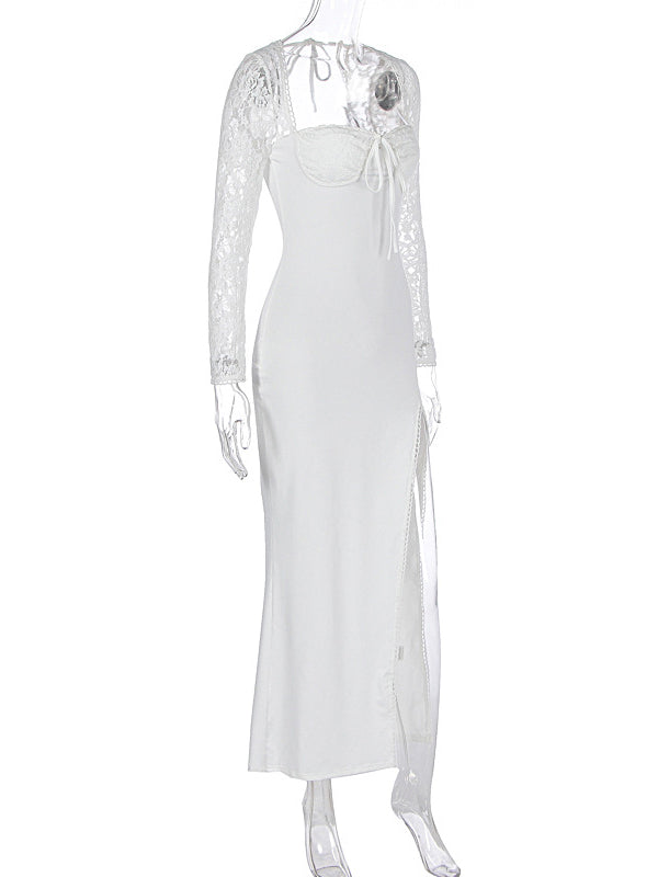 Momsmood Lace Side Slit Backless Tie Photoshoot Maternity Maxi Dress