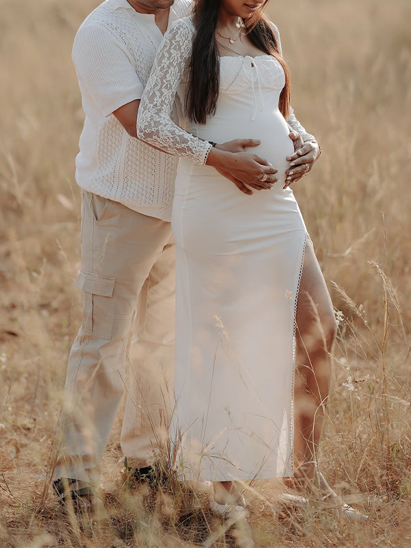 Momsmood Lace Side Slit Backless Tie Photoshoot Maternity Maxi Dress