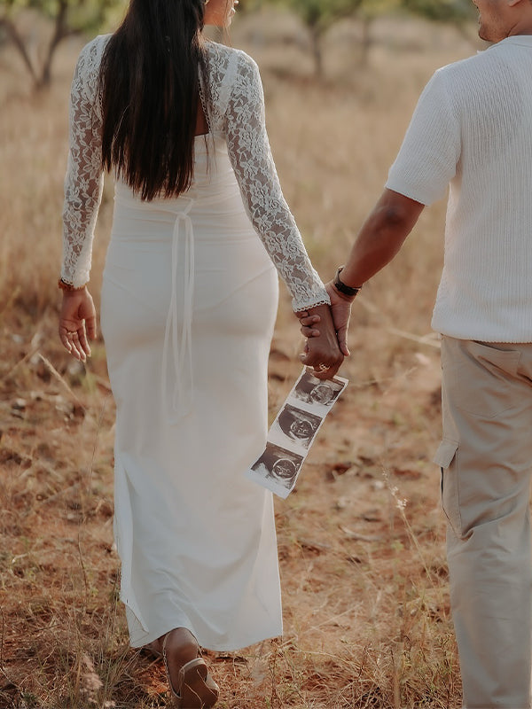 Momsmood Lace Side Slit Backless Tie Photoshoot Maternity Maxi Dress