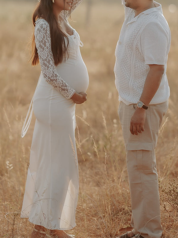 Momsmood Lace Side Slit Backless Tie Photoshoot Maternity Maxi Dress