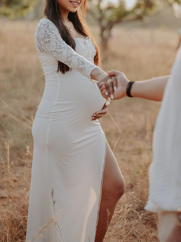 Momsmood Lace Side Slit Backless Tie Photoshoot Maternity Maxi Dress