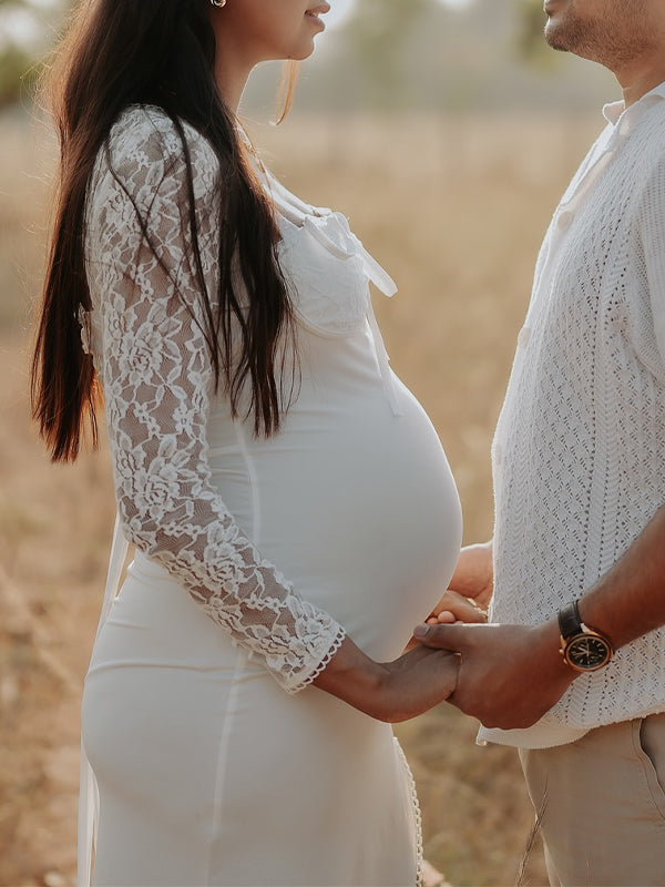 Momsmood Lace Side Slit Backless Tie Photoshoot Maternity Maxi Dress