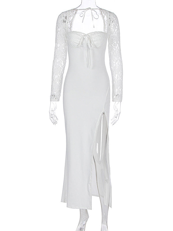 Momsmood Lace Side Slit Backless Tie Photoshoot Maternity Maxi Dress