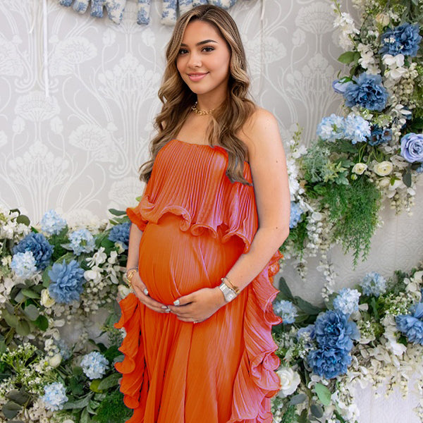 Momsmood Ruffle Bandeau Pleated Big Swing Flowy Baby Shower Maternity Maxi Dress